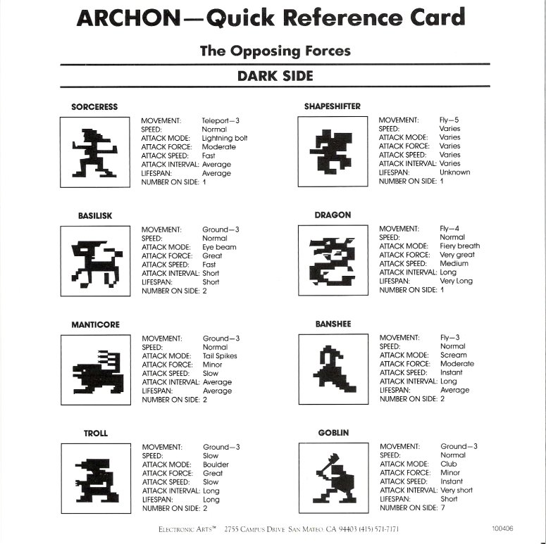 Archon Quick Reference Card - Dark Side 