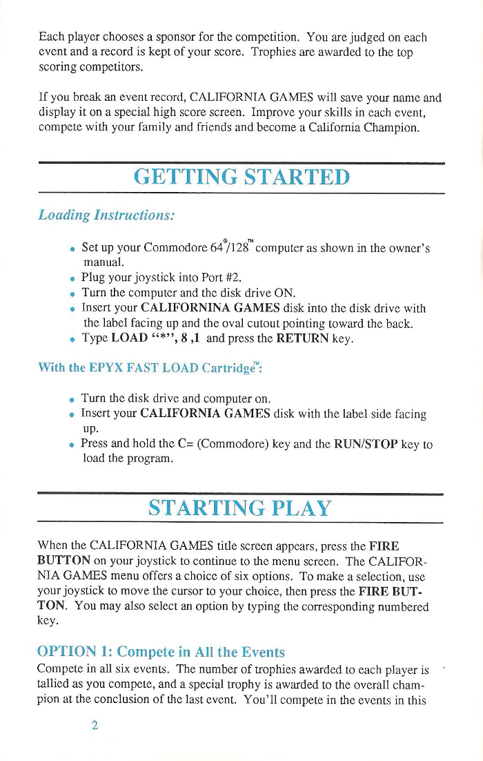 California Games Manual Page 2 