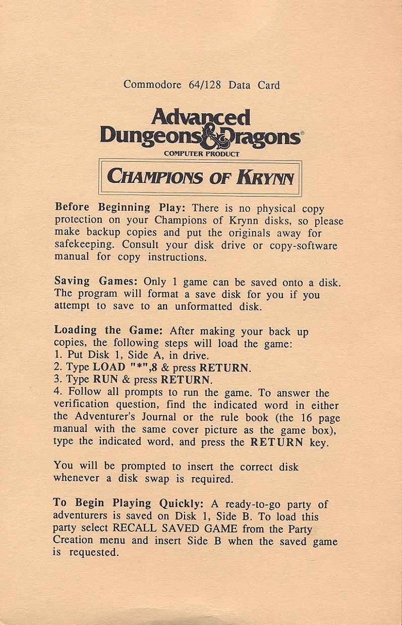 Champions of Krynn Commodore data card 1