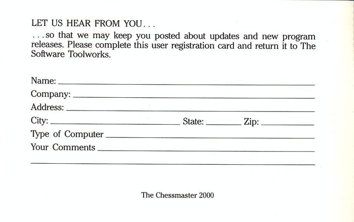 The Chessmaster 2000 user registration card back