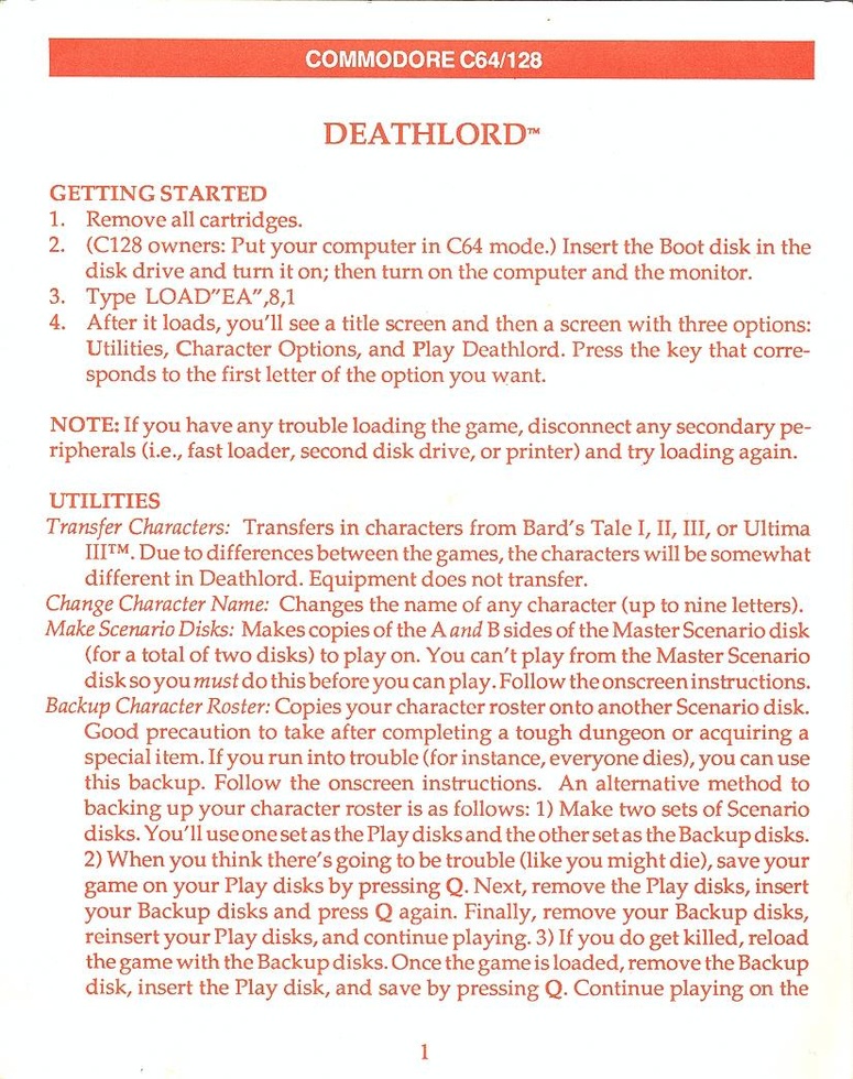 Deathlord getting started guide page 1