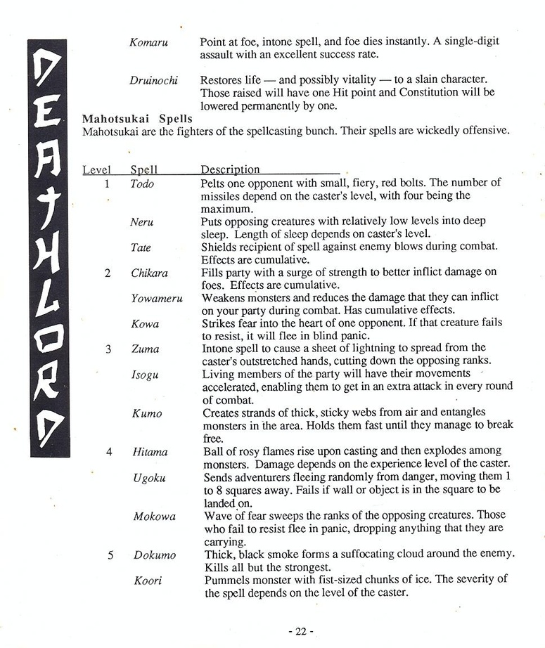 Deathlord manual page 22