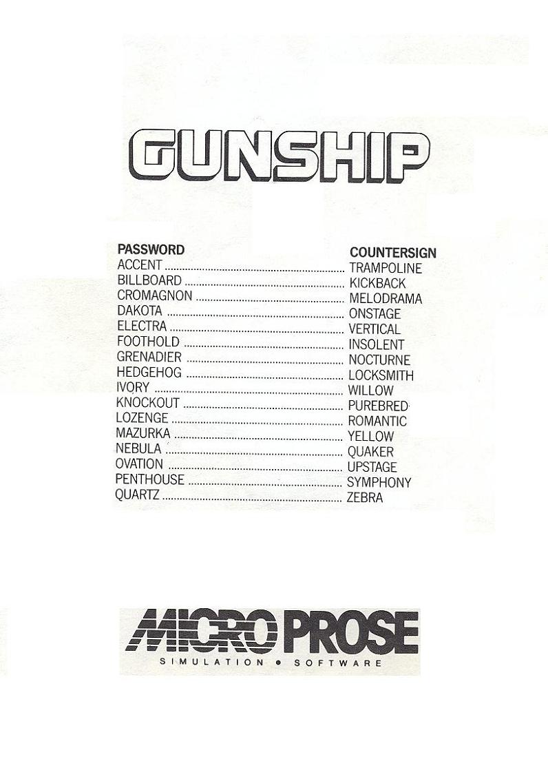 Gunship password countersign sheet