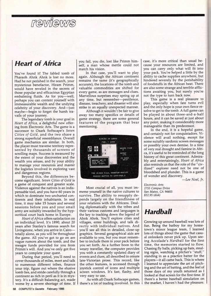 Heart of Africa COMPUTE!'s Gazette Review: February 1986 