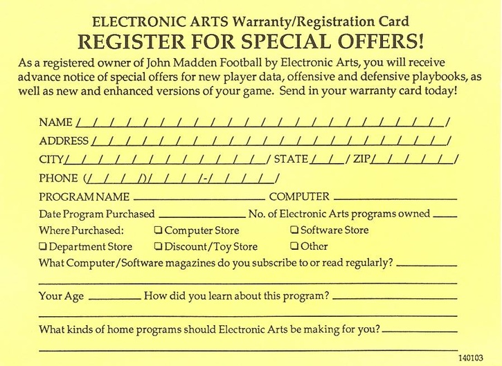 John Madden Football warranty card front