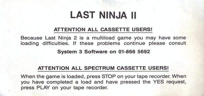 Last Ninja 2 cassette user warning