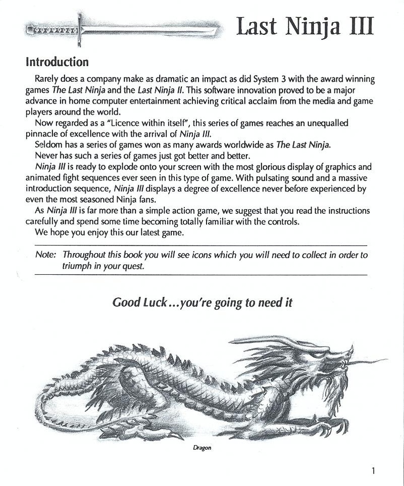 Last Ninja 3 manual page 1