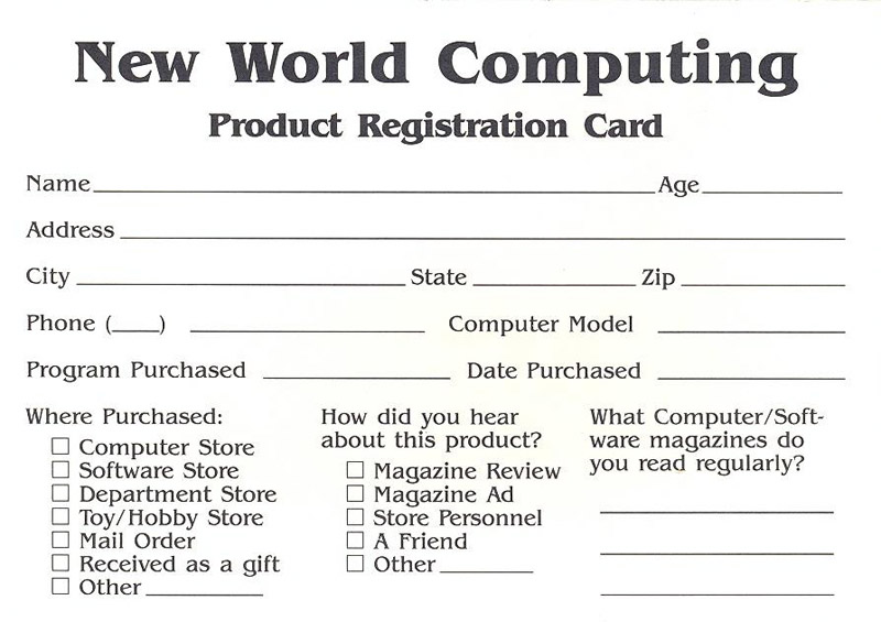 Might and Magic II registration card front