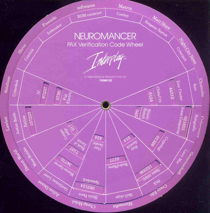 Neuromancer PAX verification code wheel