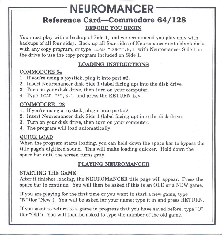 Neuromancer reference card 1