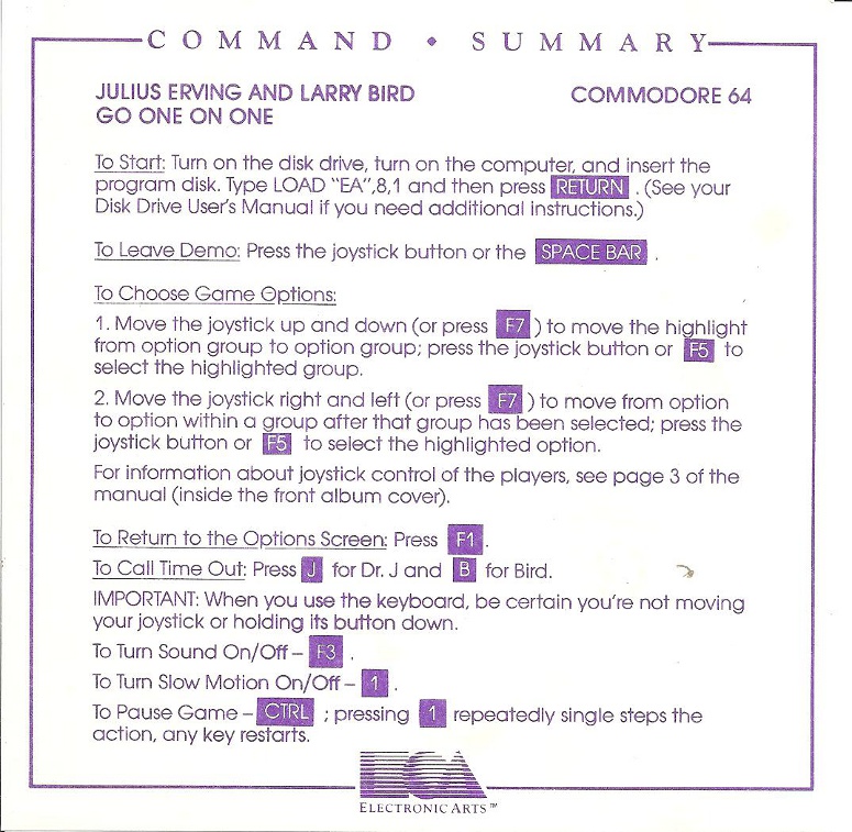 One on One: Julius Erving vs. Larry Bird command summary page 1