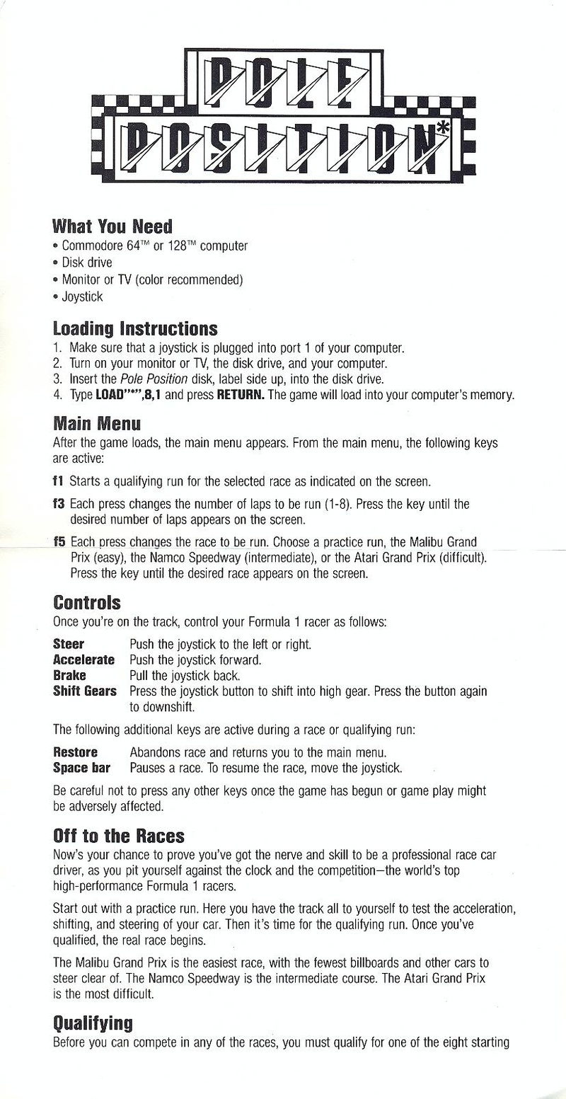 Pole Position C64 manual pages 2-3