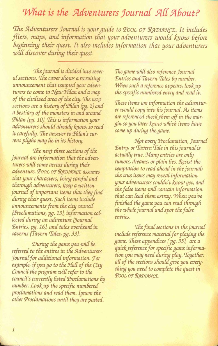 Pool of Radiance Adventurers Journal Page 1 