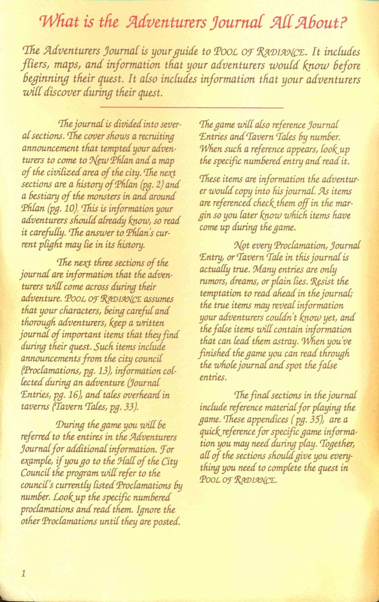 Pool of Radiance Adventurers Journal Page 1