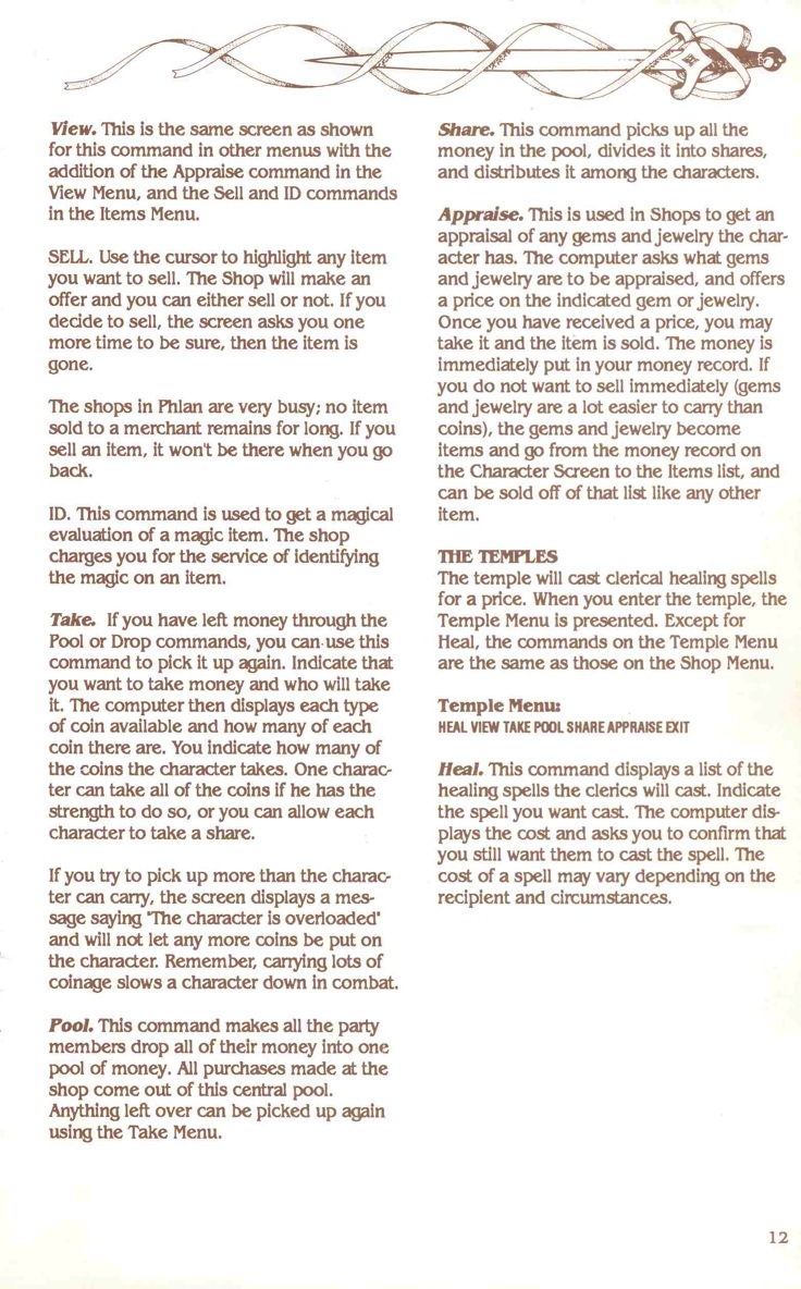 Pool of Radiance Manual Page 12 
