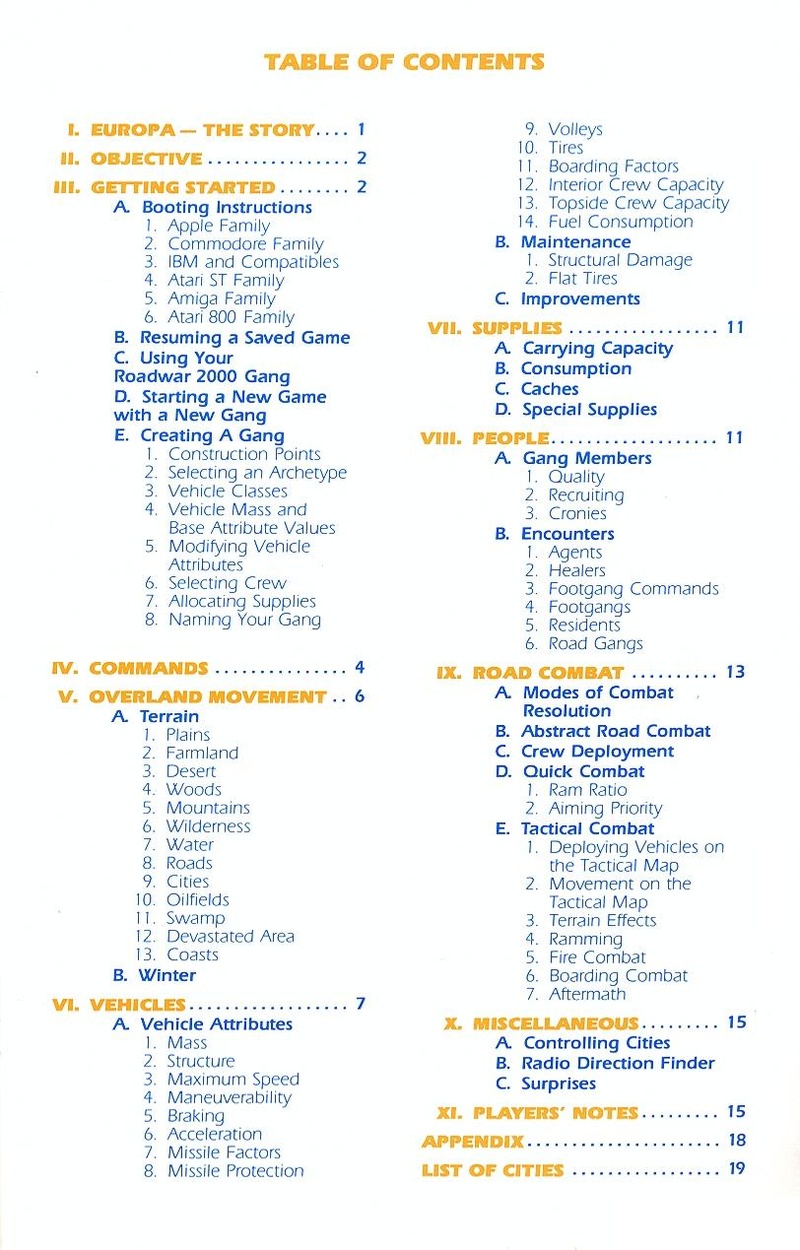 Roadwar Europa manual table of contents