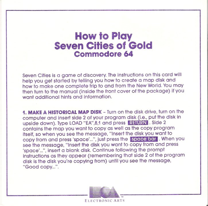The Seven Cities of Gold Commodore 64 Instruction Card Page 1