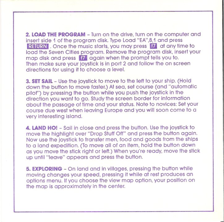 The Seven Cities of Gold Commodore 64 Instruction Card Page 2