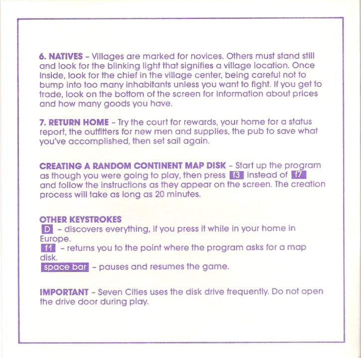 The Seven Cities of Gold Commodore 64 Instruction Card Page 3 