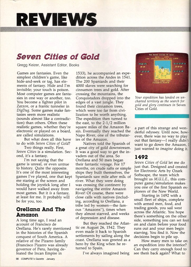 The Seven Cities of Gold COMPUTE!'s Gazette Review: January 1985 Page 1 