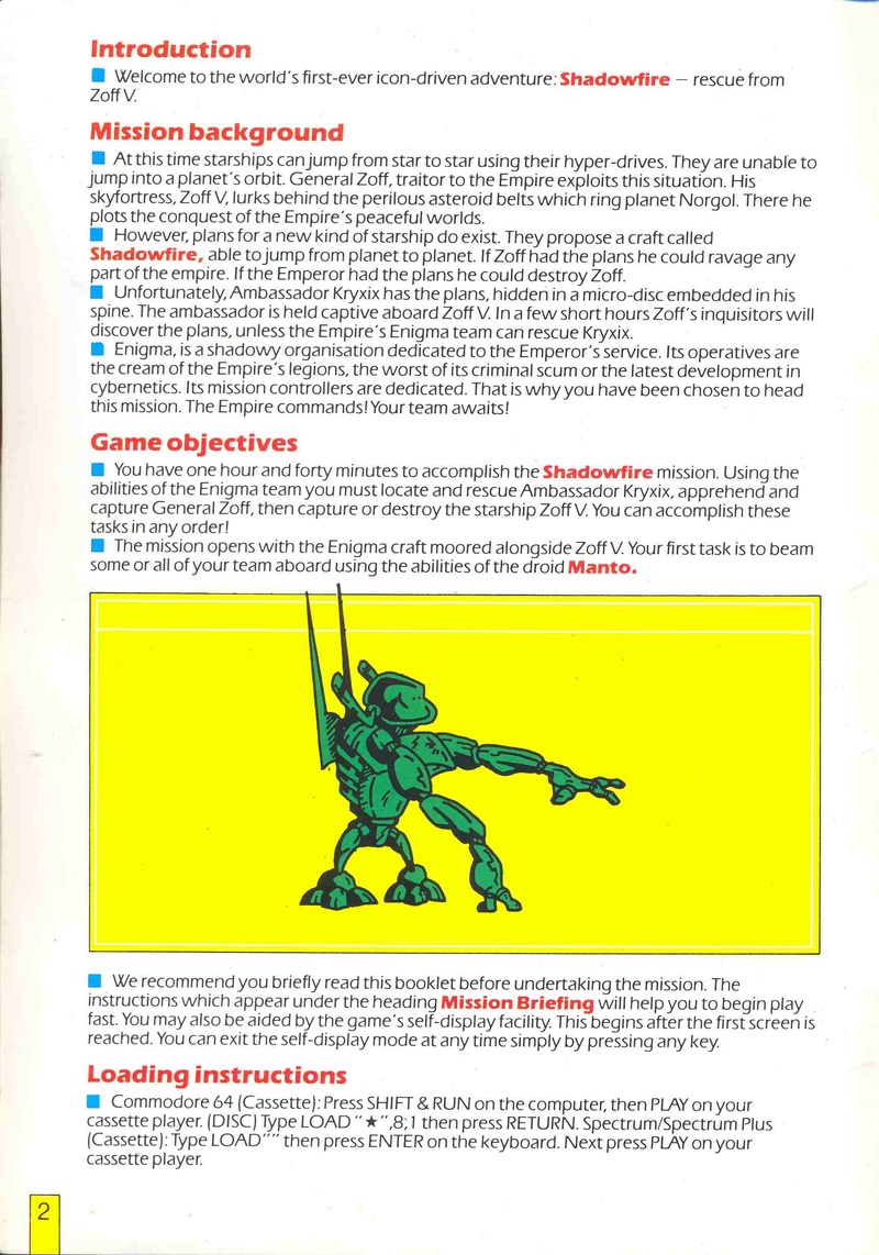 Shadowfire manual page 2