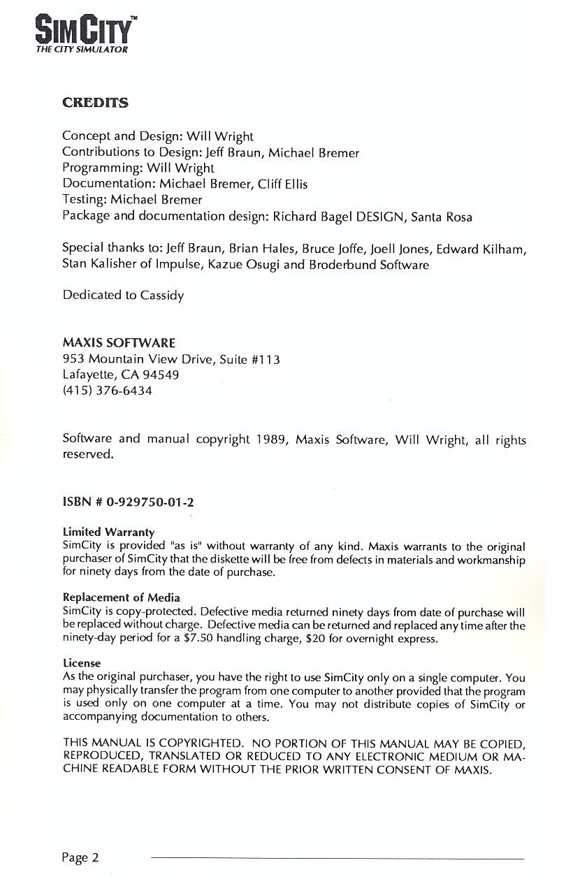 SimCity manual page 2