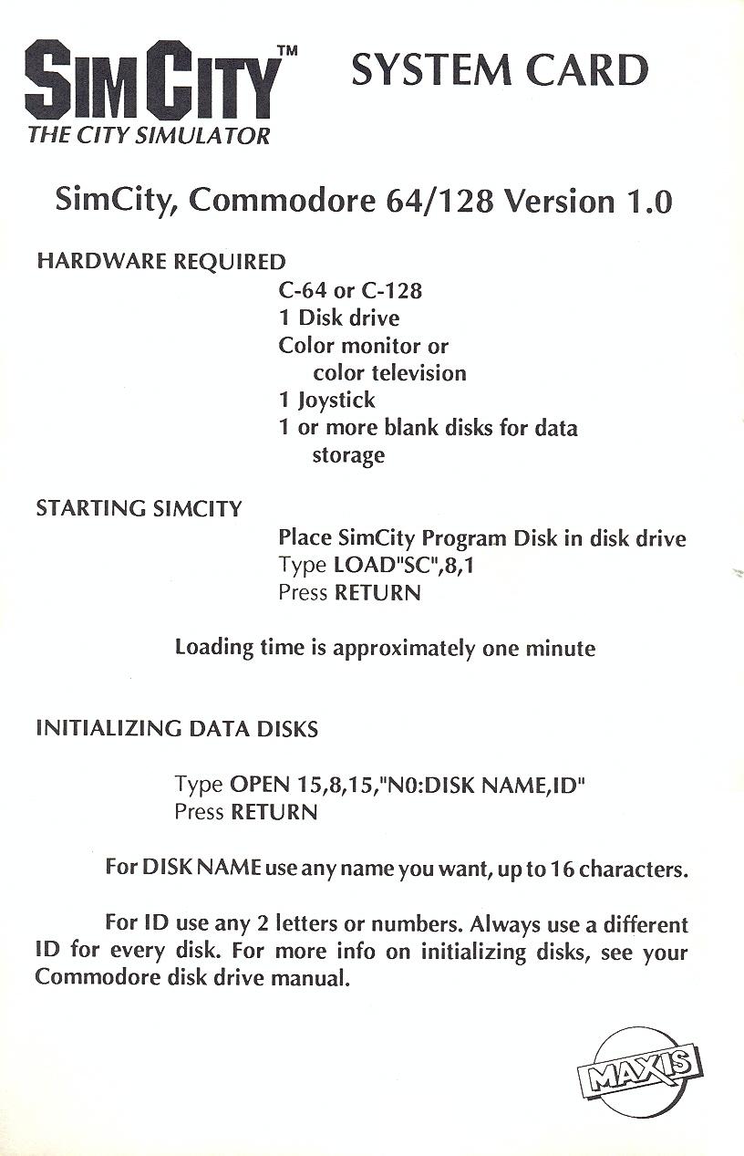 SimCity system card front