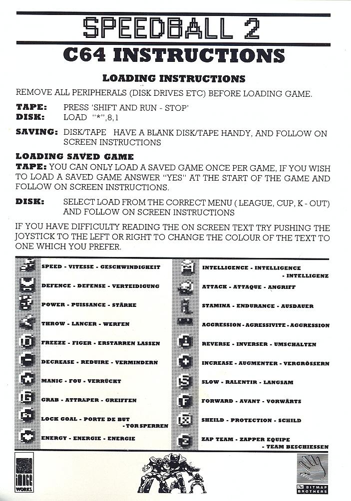 Speedball 2: Brutal Deluxe C64 Instructions
