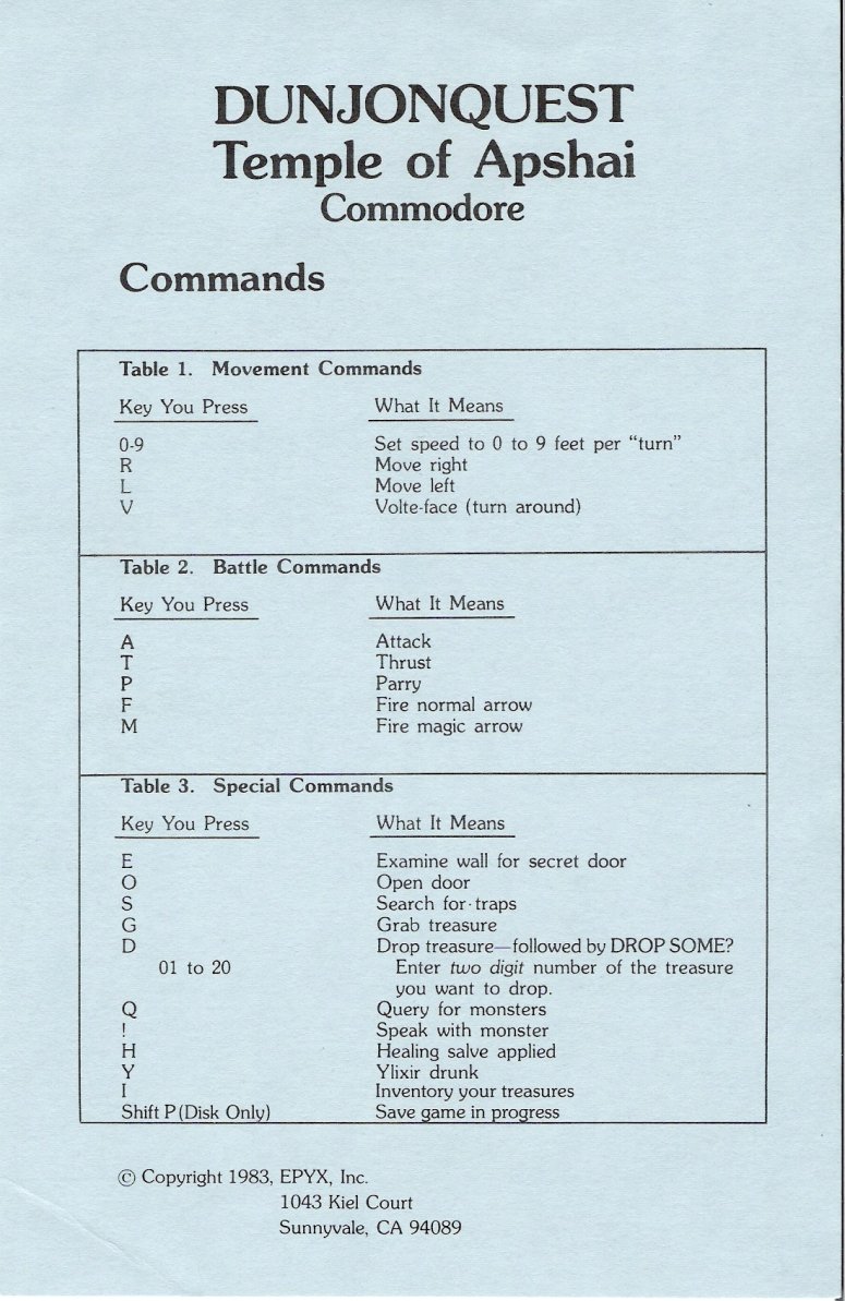 Temple of Apshai Commands 