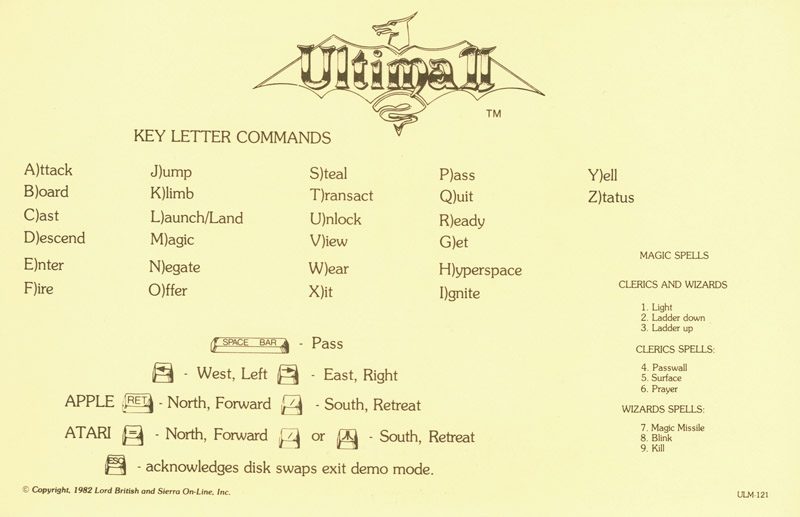 Ultima II: The Revenge of the Enchantress reference card side A