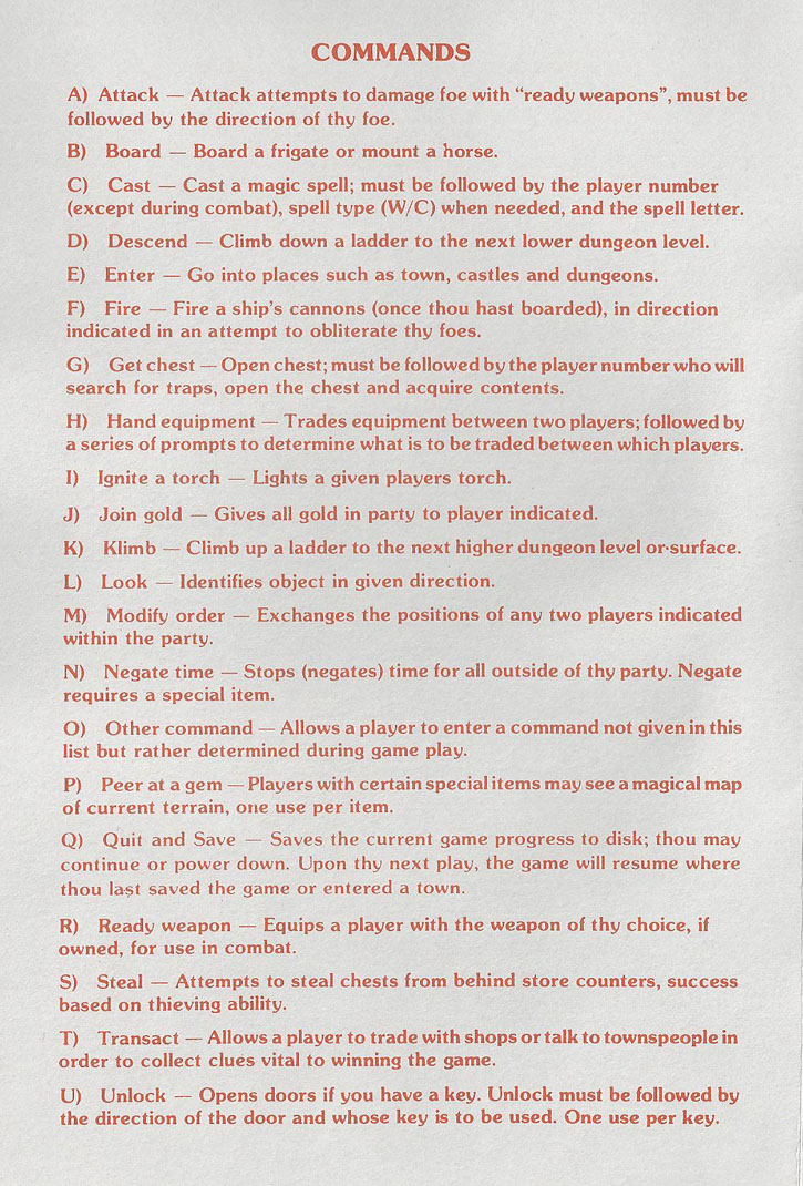 Ultima III: Exodus player reference card 2