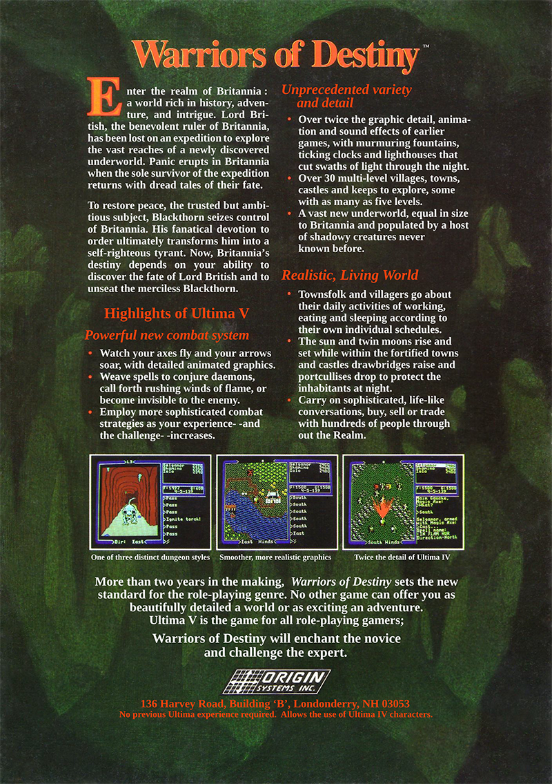 Ultima V: Warriors of Destiny box back