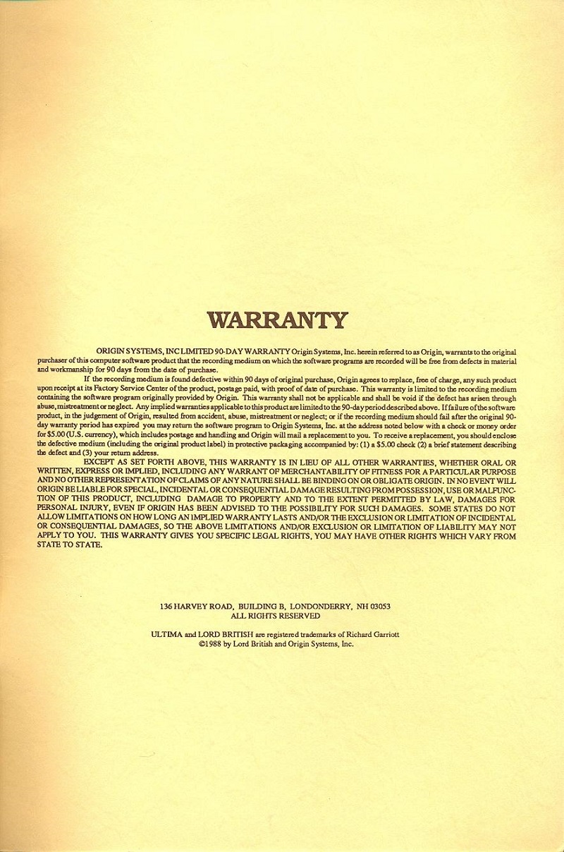 Ultima V: Warriors of Destiny The Book of Lore warranty