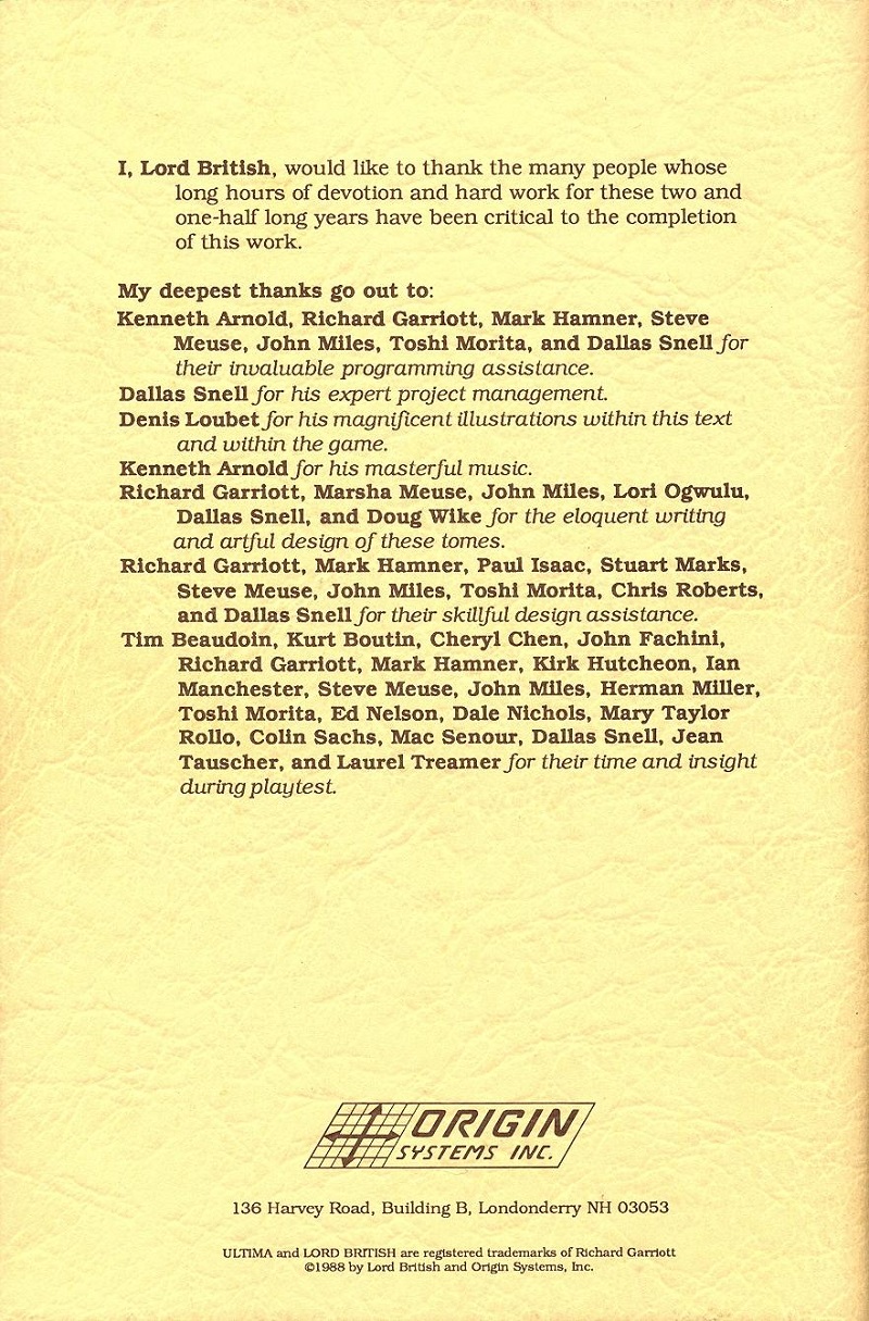 Ultima V: Warriors of Destiny The Book of Lore back cover