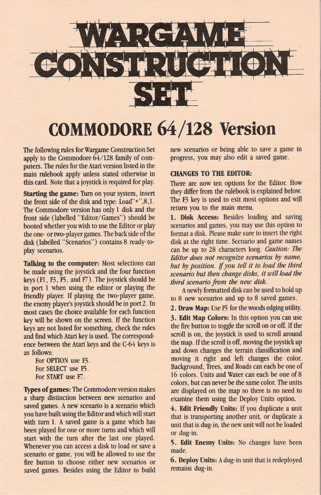 Wargame Construction Set Commodore 64 Instructions Page 1 