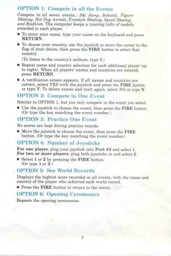 Winter Games Manual Page 2 