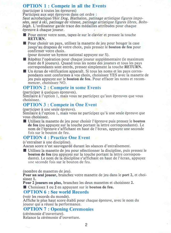 Winter Games Manual Page 2 (French) 