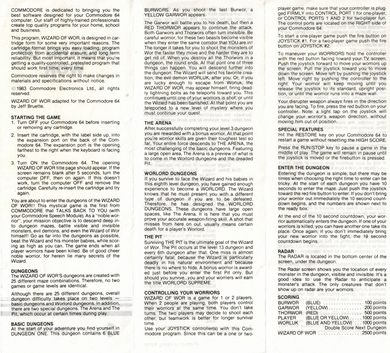 Wizard of Wor manual back