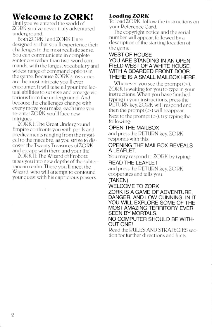 Zork I manual page 2