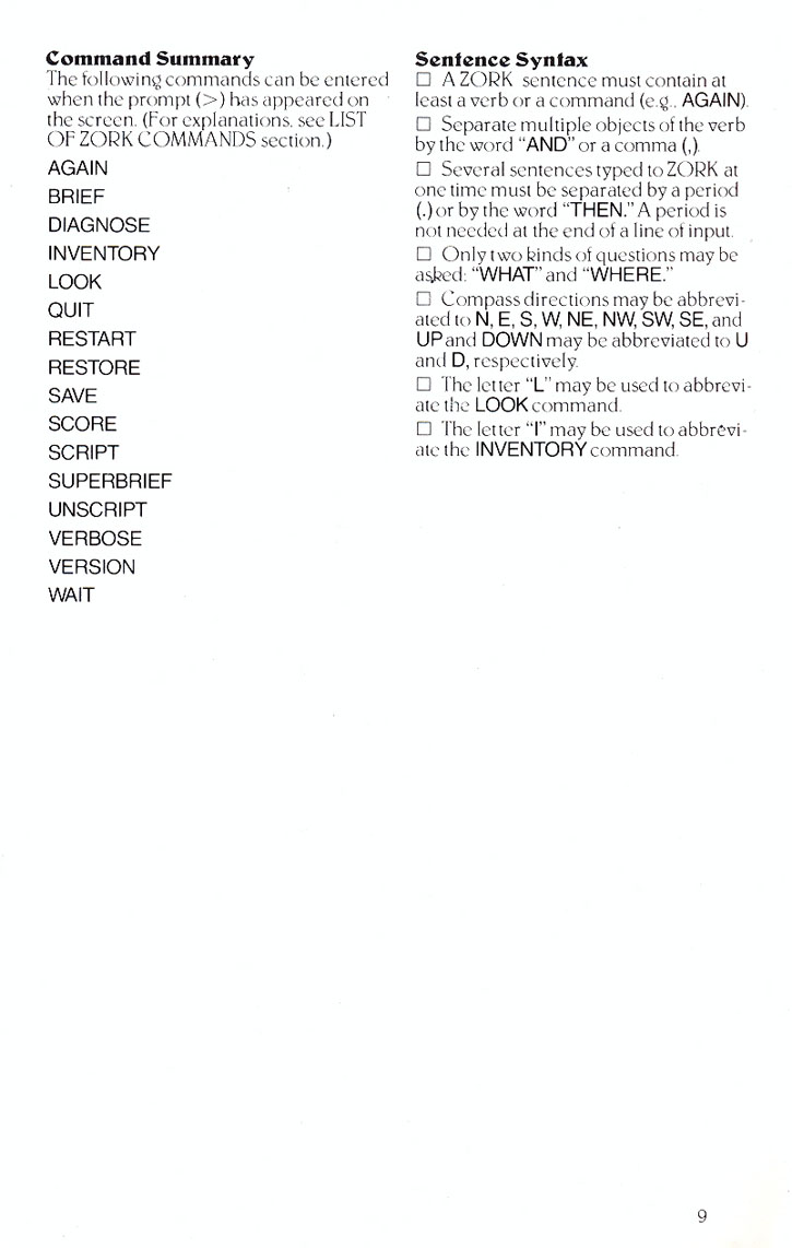 Zork II: The Wizard of Frobozz manual page 9