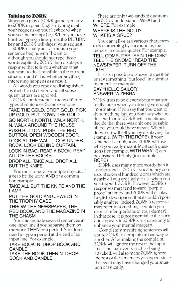 Zork II: The Wizard of Frobozz manual page 3