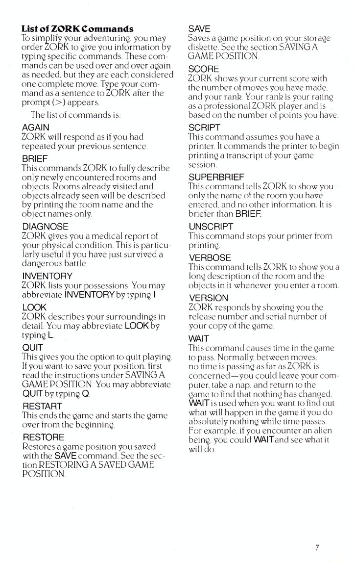 Zork II: The Wizard of Frobozz manual page 7