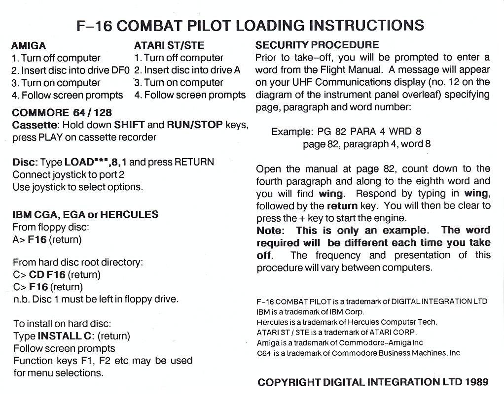 F-16 Combat Pilot loading instructions (first version)