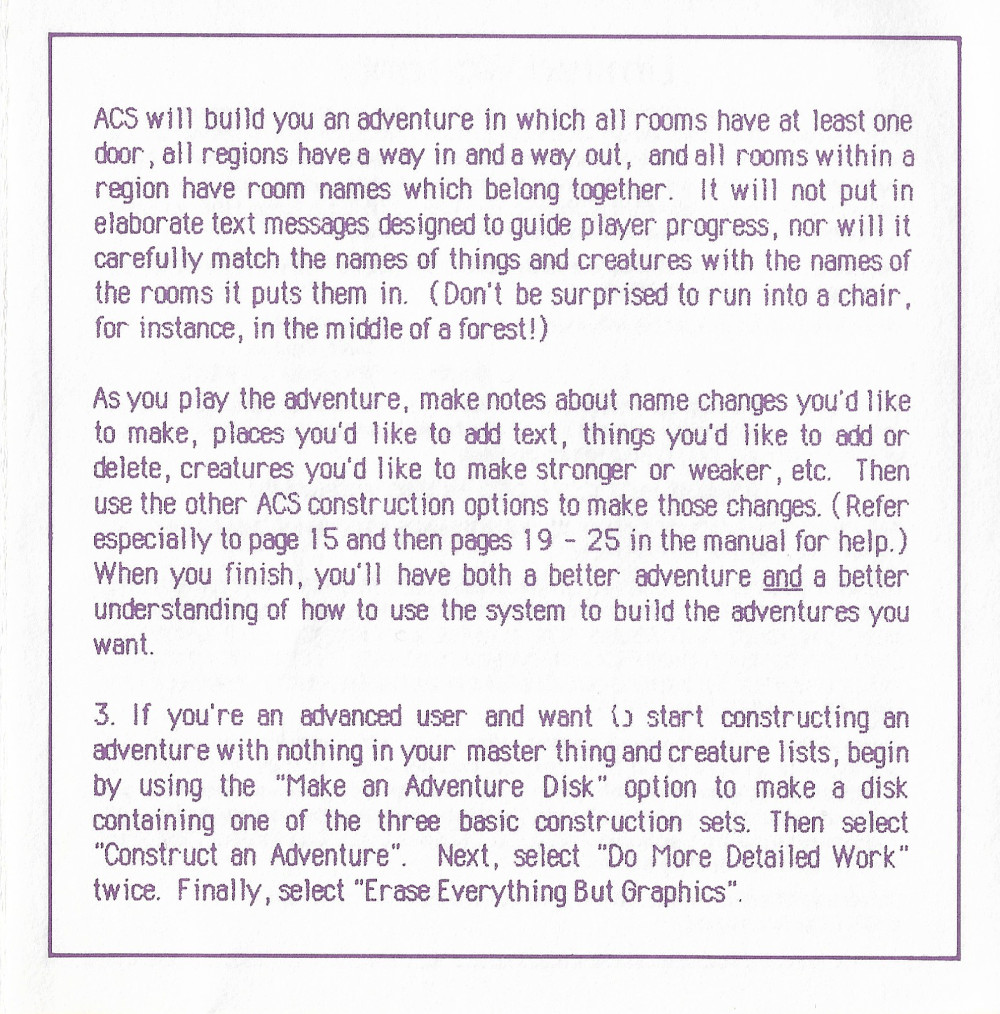 Adventure Construction Set command summary page 3