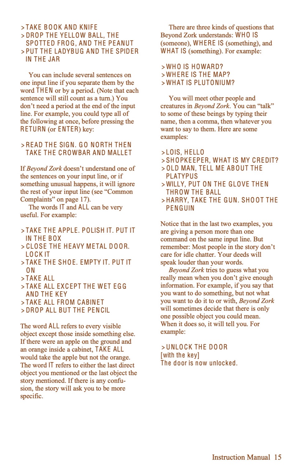 Beyond Zork Instruction manual page 15