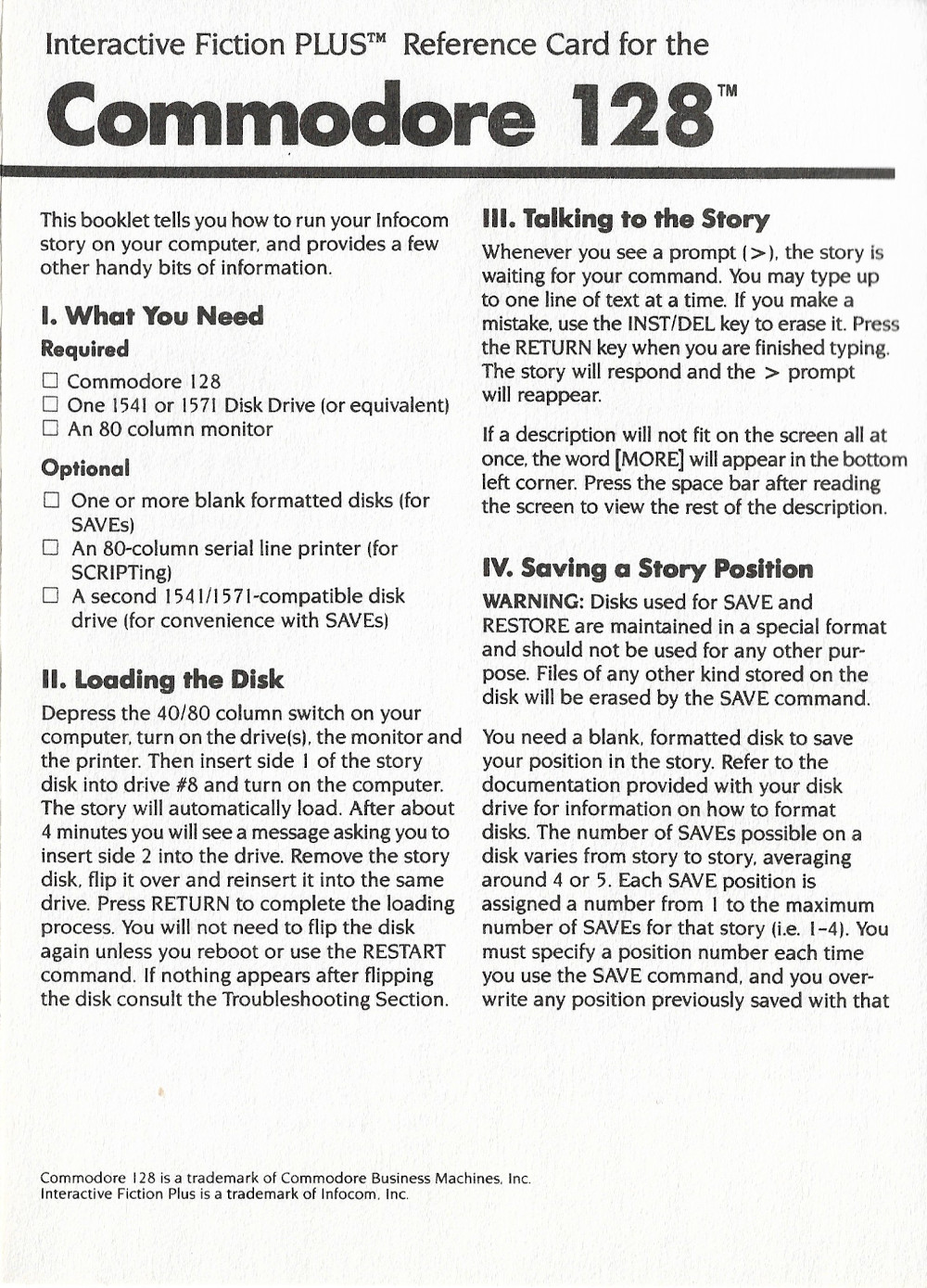 Beyond Zork reference card page 1