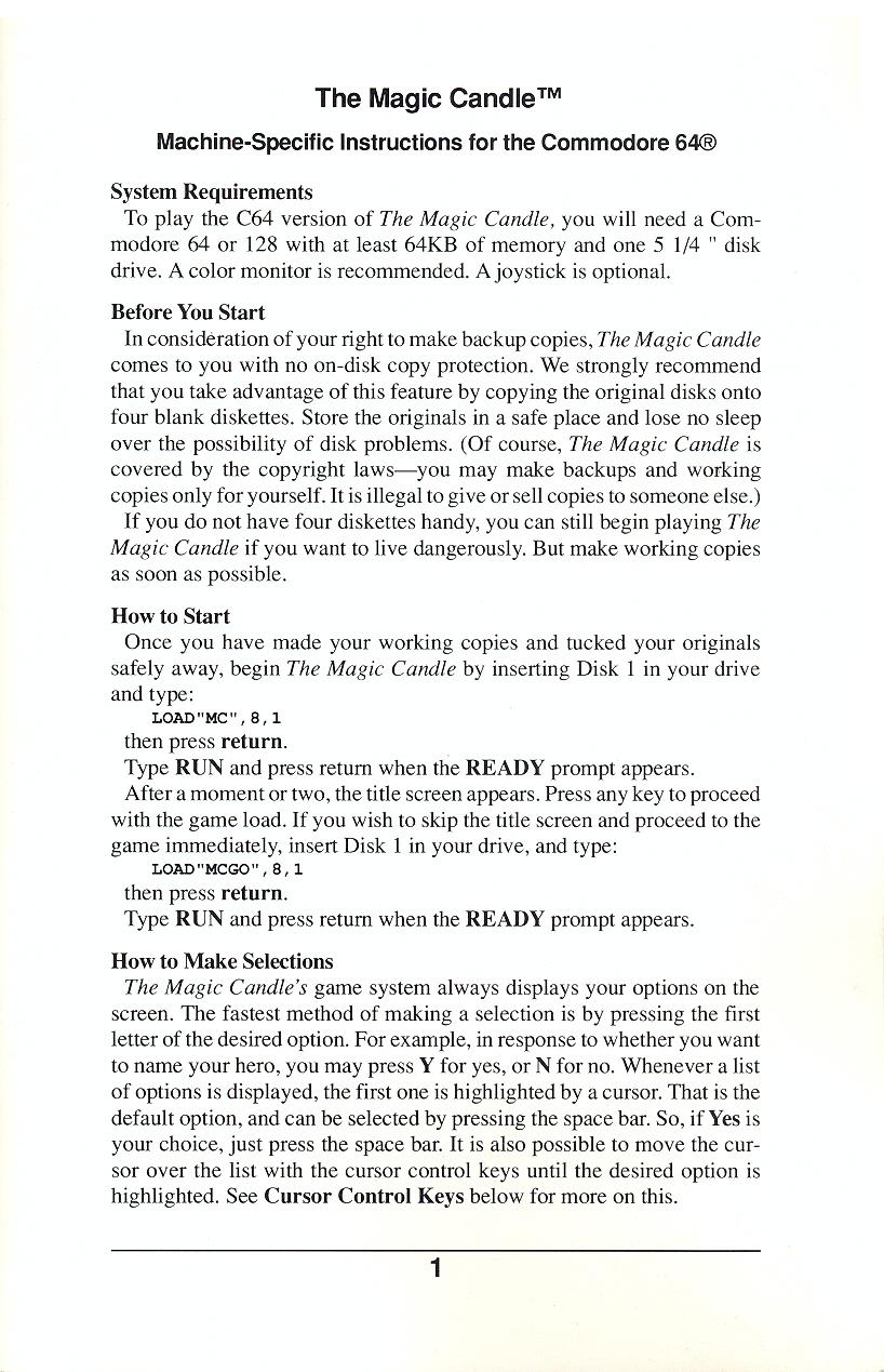 The Magic Candle Commodore 64 instructions page 1